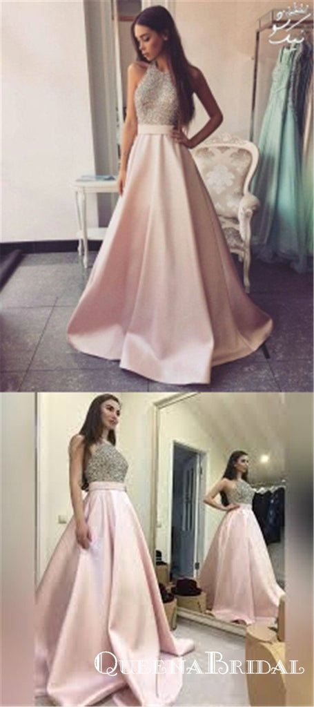 Charming A-Line Round Neck Pink Satin Long with Beading Prom Dresses, QB0564