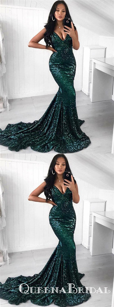 Green Mermaid Long Cheap V-Neck Green Sequined Prom Dresses, QB0555