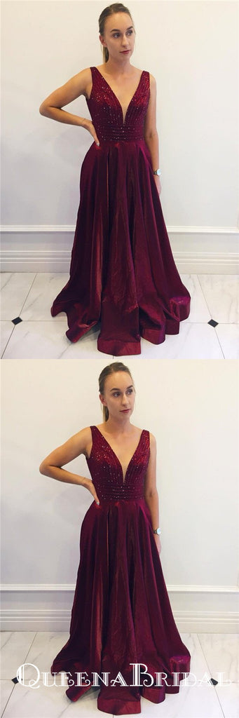 Charming V-neck Long Cheap Burgundy Prom Dresses with Beaded, QB0762