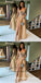 2019 Sparkly V-neck Backless Long Champagne Prom Dresses with Beading Split, QB0497