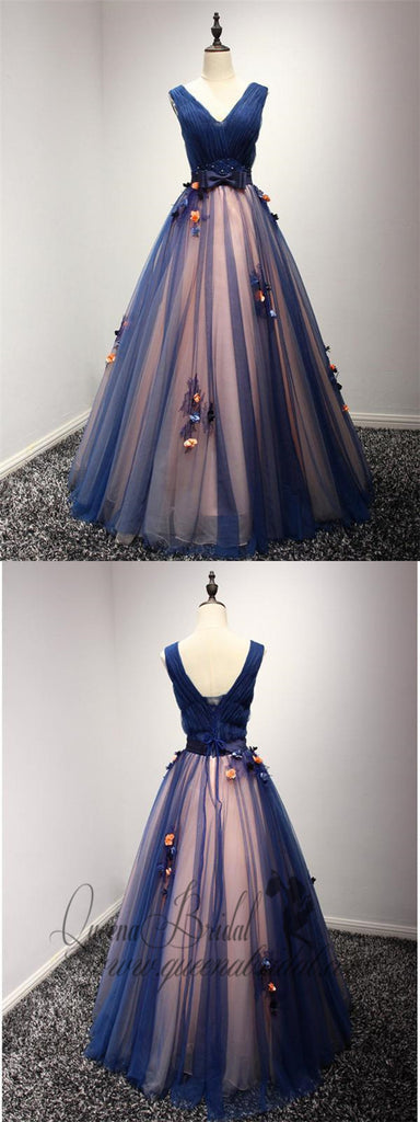 A Line Navy Blue Flower Appliqued Prom Dresses Bow Beaded Quinceanera Ball Gowns, QB0305