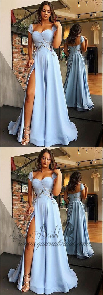 Cap Sleeves Side Slit Blue Sweetheart Long Evening Prom Dresses, QB0431