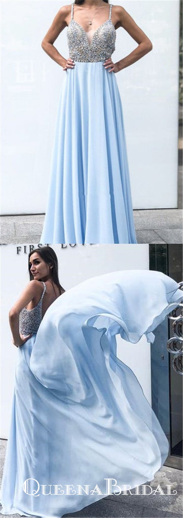 Gorgeous V Neck Spaghetti Strap Chiffon Light Blue Long Prom Dresses with Beaded, QB0605