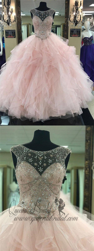 Prom Ball Gown See Through Neck Tulle Light Pink Quinceanera Prom Dresses, QB0320