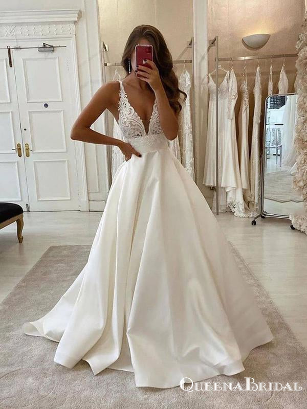 Newest Deep V-neck Sleeveless White Satin Top Lace Appliqued A-line Long Cheap Evening Prom Dresses, PDS0035