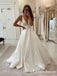 Newest Deep V-neck Sleeveless White Satin Top Lace Appliqued A-line Long Cheap Evening Prom Dresses, PDS0035