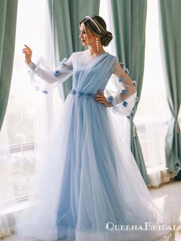 Newest A Line 3D Flowers Dubai Beauty Tulle Long Sleeves Light Blue Elegant A-line Long Cheap Prom Dresses, PDS0045