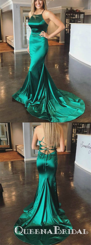 Green Mermaid Satin Halter Crossed Straps Back Prom Dresses, QB0720