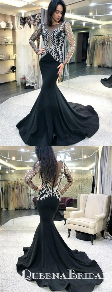 Jewel Black Long Sleeves Appliques Mermaid Evening Gowns Prom Dresses, QB0778