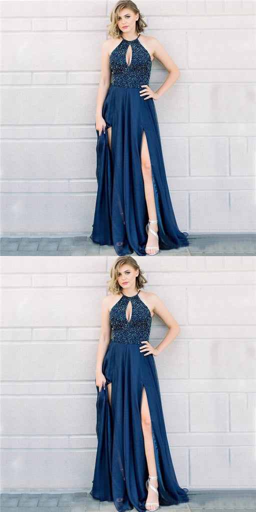 A Line Halter Keyhole Navy Blue Prom Dresses With Beading Split, QB0588