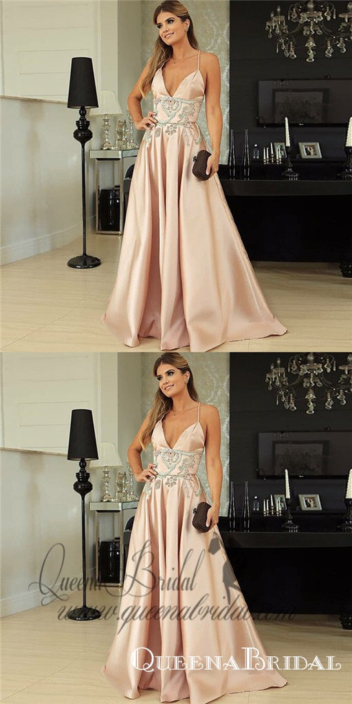 A-Line Spaghetti Straps Long Pink Prom Dresses with Beading, QB0496