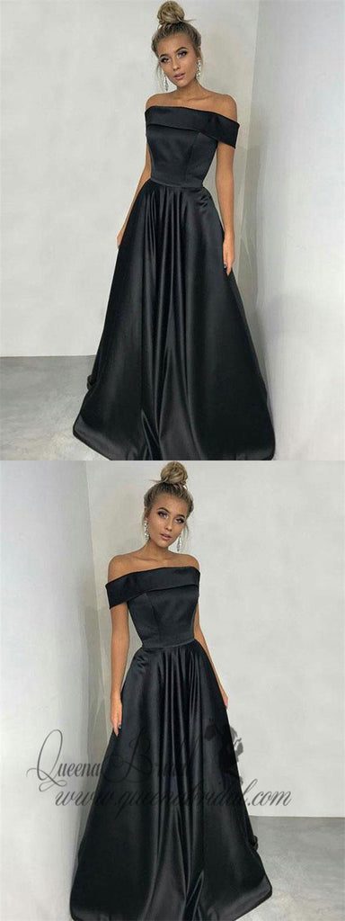 Princess Off the Shoulder Black Satin Long Simple Prom Dresses, QB0347