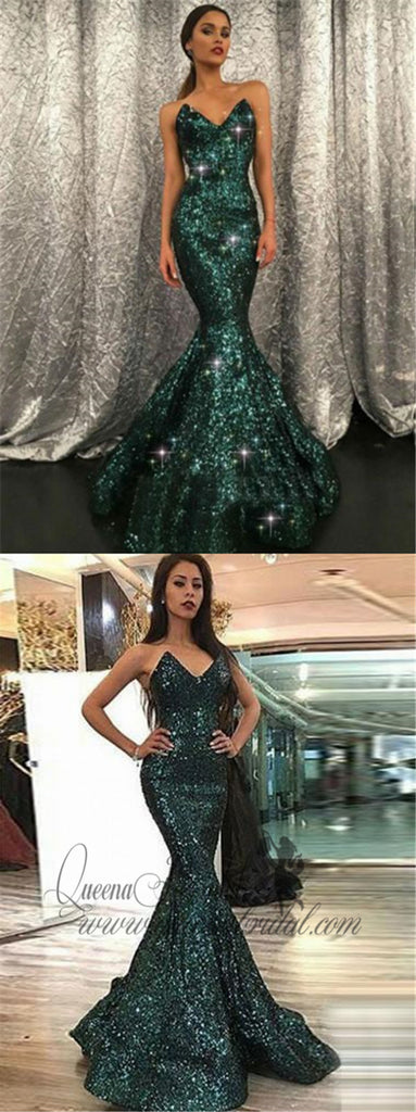 2019 Sparkly V Neck Green Sequin Custom Long Evening Prom Dresses, QB0448