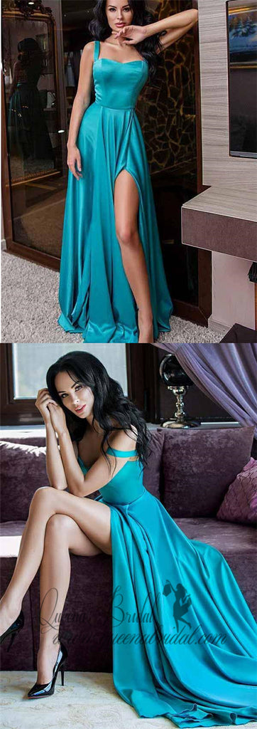 2019 Straps Turquoise Side Slit Simple Long Evening Prom Dresses, QB0409