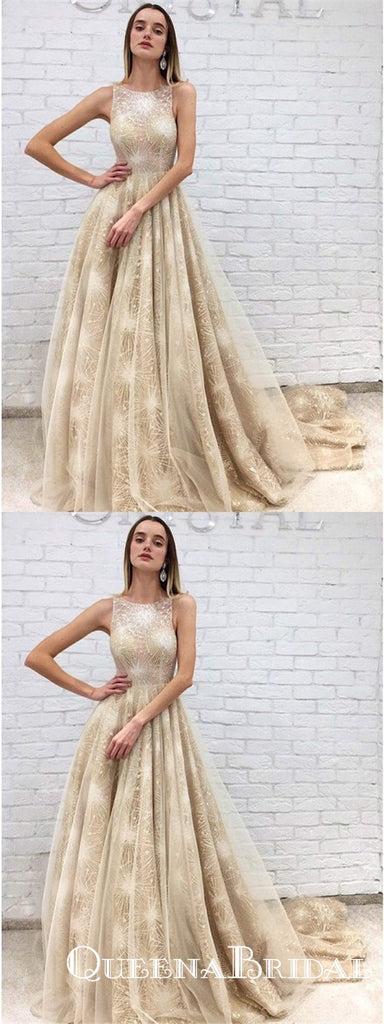 A-Line Round Neck Open Back Champagne Long Prom Dresses, QB0796