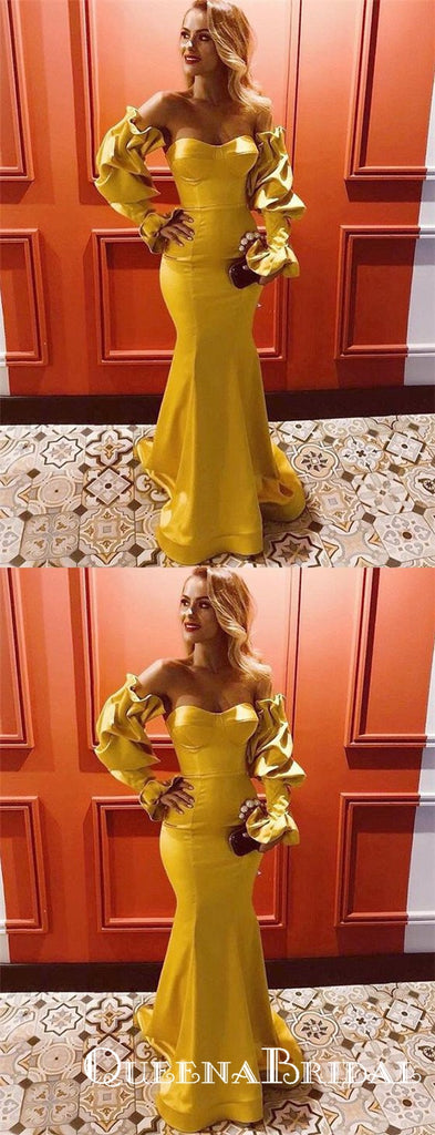 Yellow Long Mermaid Evening Gowns Sweetheart Prom Dresses with Sleeves, QB0774