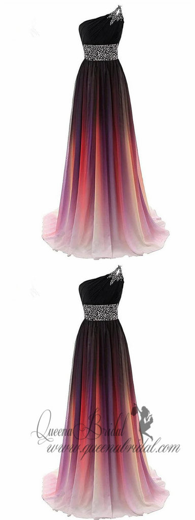 One Shoulder Chiffon Ombre Beaded Long Evening Prom Dresses, QB0362