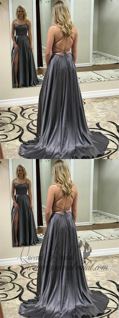 Dark Grey Spaghetti Strap Prom Dresses Open Back Long Prom Dresses with Slit, QB0312