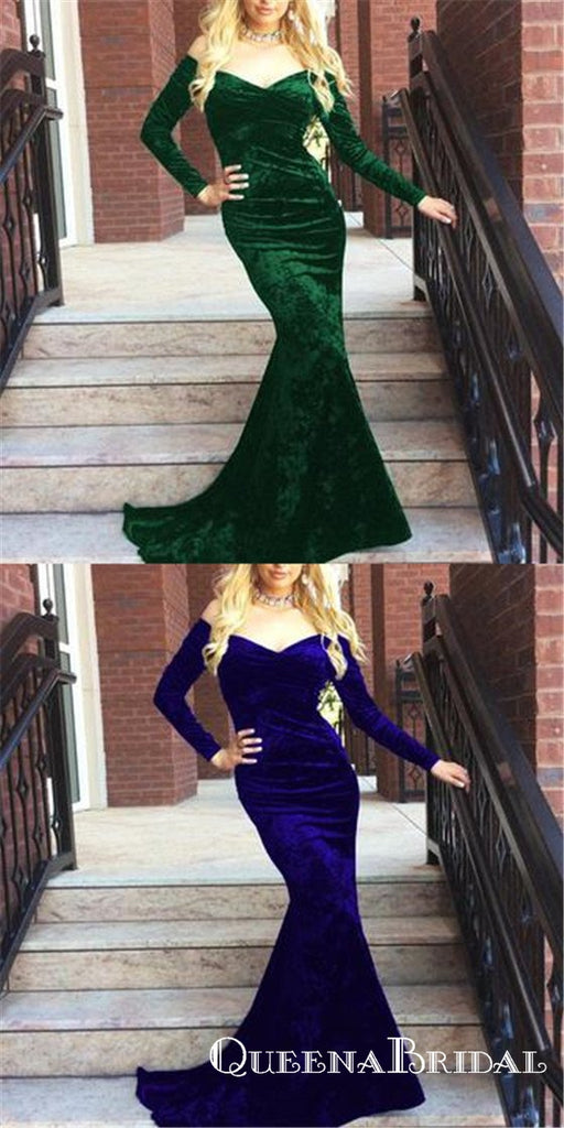 V Neck Off Shoulder Velvet Long Sleeves Mermaid Prom Dresses, QB0549