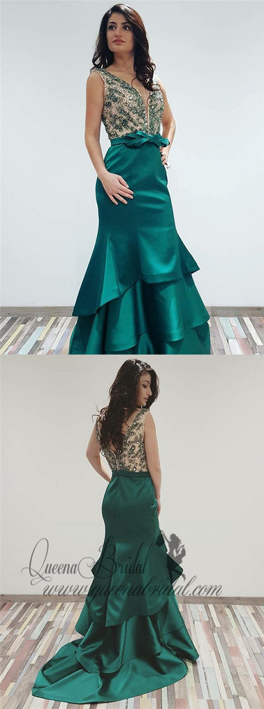 V Neck Emerald Green Mermaid Long Evening Prom Dresses with Beaded, QB0425