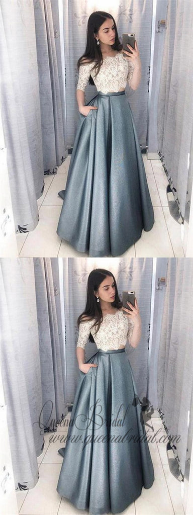 Two Pieces Half Sleeve Lace Grey Long Evening Prom Dresses, QB0421