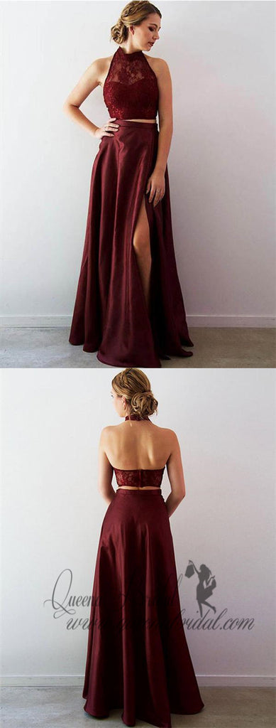 Sexy Charming Custom Two Pieces Halter Maroon Long Evening Prom Dresses, QB0373