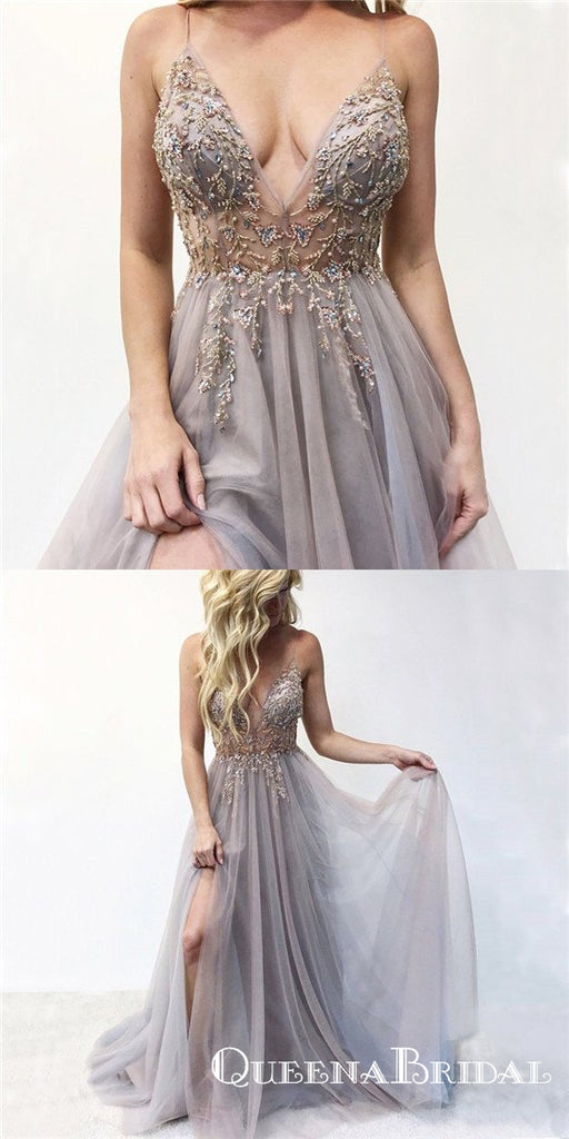 A Line Spaghetti Straps Grey Long Prom Dresses With Beading Split, QB0585