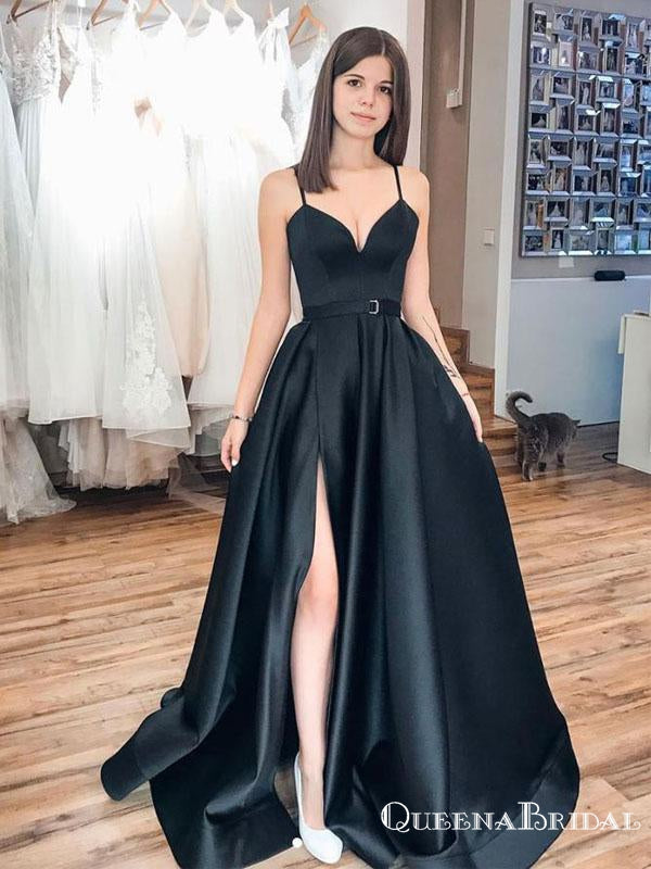 A-Line Black Satin Spaghetti Straps V-neck Simple Long Cheap Formal Prom Dresses with Pockets, PDS0038