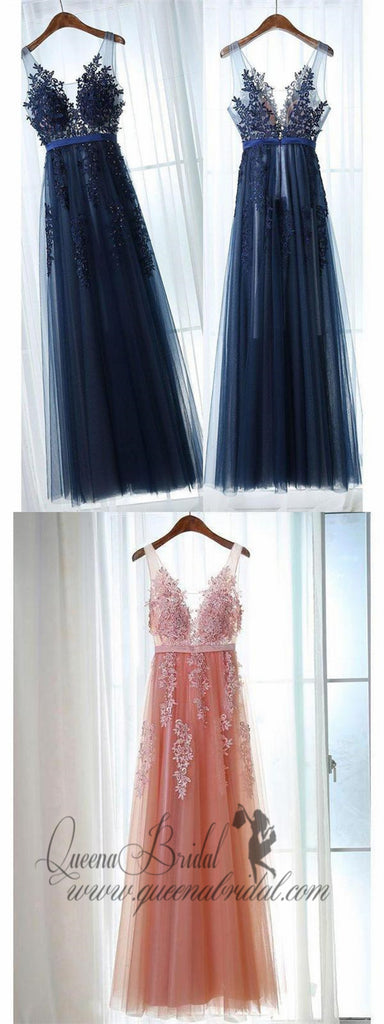 Lace Appliqued Peach Formal Dresses Navy Blue Tulle See Through Prom Dresses, QB0280