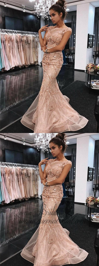 Peach Cap Sleeves Mermaid Rhinestone Long Evening Prom Dresses, QB0430