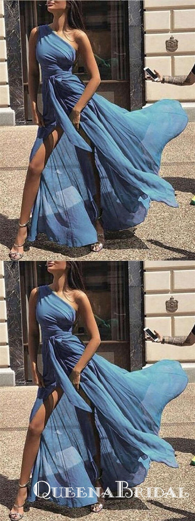 Unique One Shoulder Blue Chiffon Long Cheap Prom Dresses, QB0760