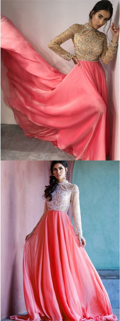 Fancy High Neck Long Sleeves Pink Evening Prom Dresses with Beading, QB0770