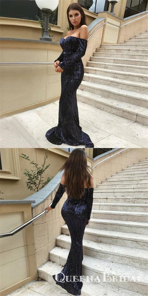 Navy Blue Off the Shoulder Long Sleeves Zipper  Long Prom Dresses, QB0669