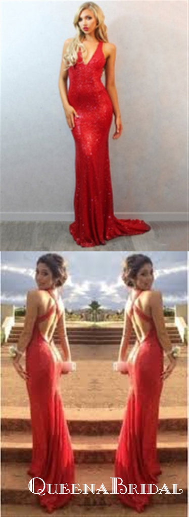 Red Mermaid V-neck Sequined Long Cheap Beading Prom Dresses, QB0698