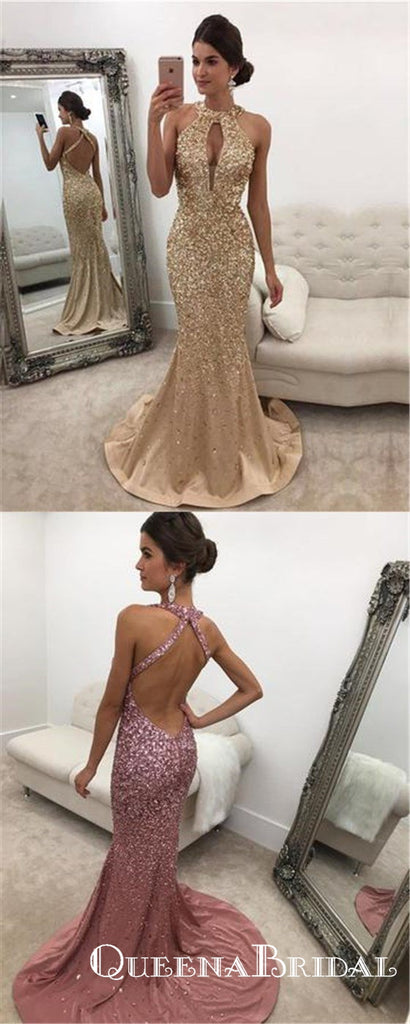 Long Champagne Satin Halter Prom Dresses Mermaid Crystal Beaded, QB0541