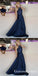 A-Line Halter Long Cheap Navy Blue Prom Dresses with Beading, QB0523