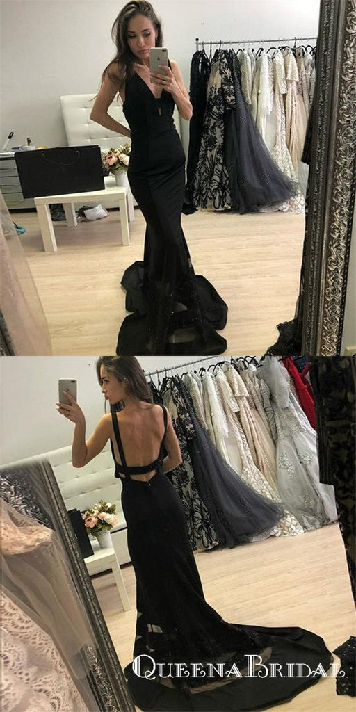 Black V Neck Sleeveless Backless Mermaid Prom Dresses, QB0660