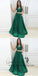 Two Piece A-Line Deep V-Neck Green Satin Prom Dresses with Pockets, QB0243