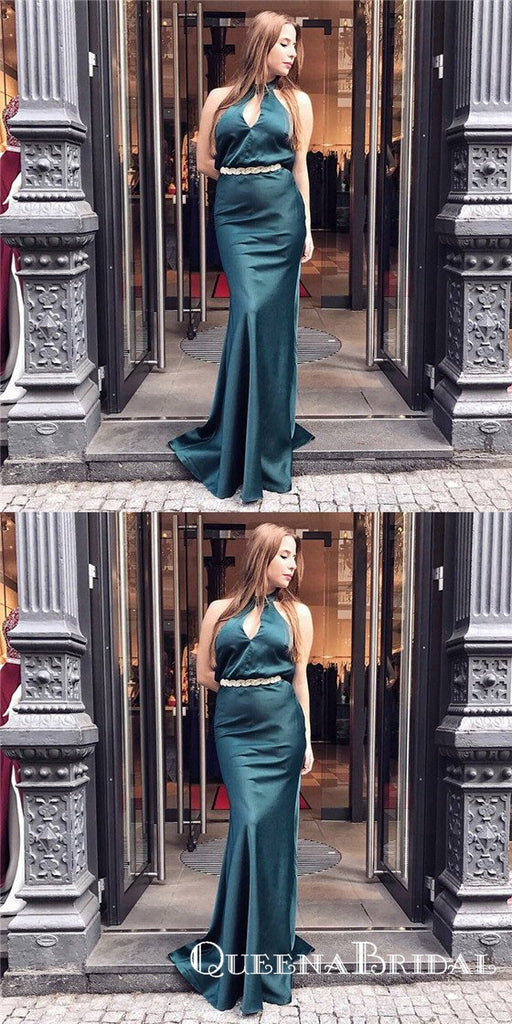 Sexy Mermaid High Neck Long Dark Green Prom Dresses with Keyhole, QB0516