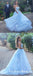 Baby Blue Illusion Neck Long Cheap Tulle Prom Dresses With Applique, QB0668