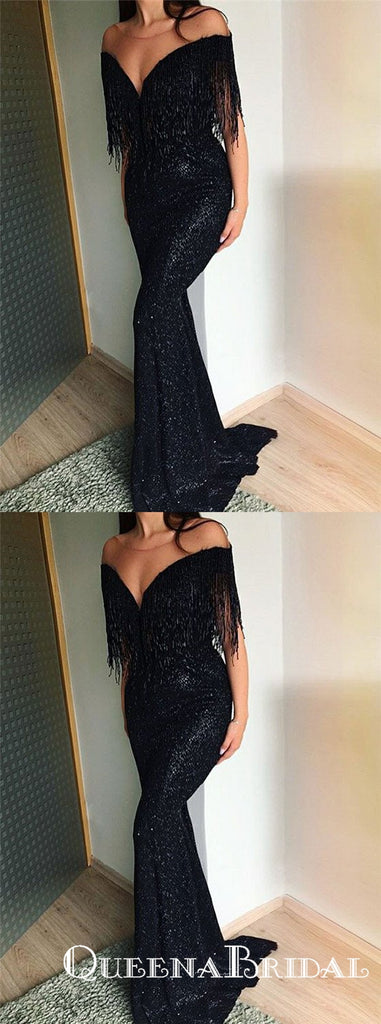 Mermaid Off-the-Shoulder Black Sequined Prom Dresses with Tassel, QB0532