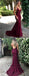 Burgundy Spaghetti Strap V-neck Mermaid Lace Prom Dresses Online, QB0272