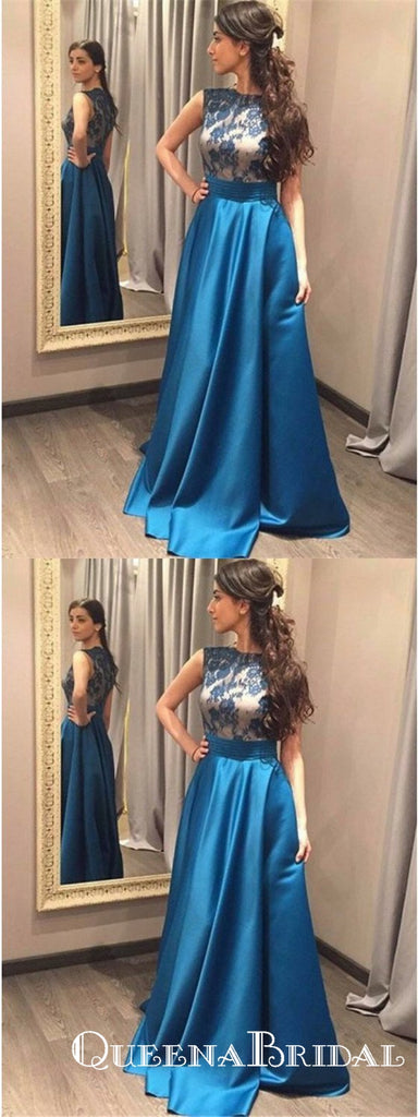 A-Line Scoop Neck Sleeveless Blue Floor Length Prom Dresses with Lace, QB0734