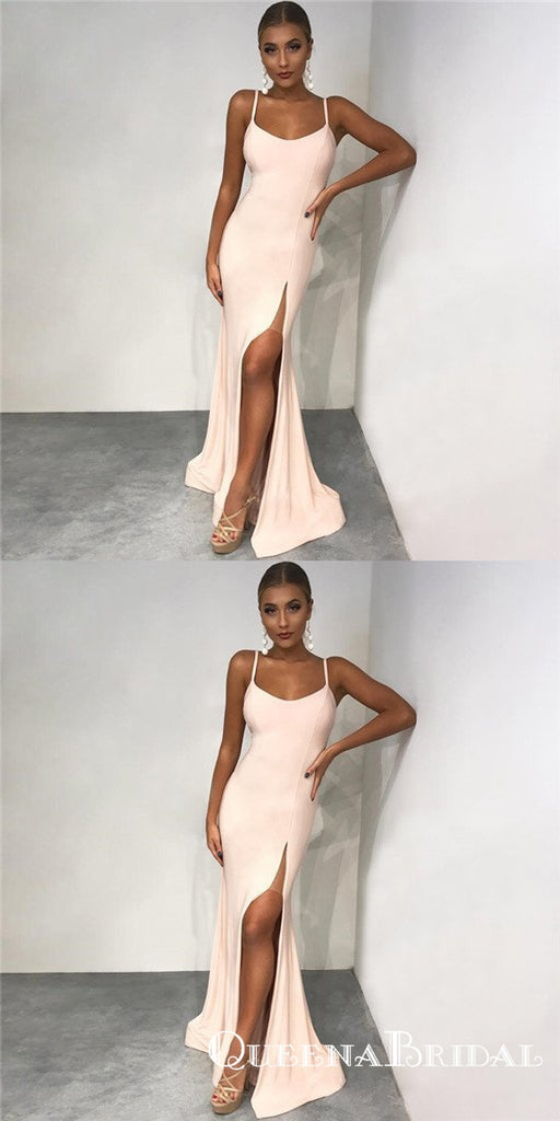 Mermaid Spaghetti Straps Long Cheap Blush Pink Prom Dresses with Split, QB0503