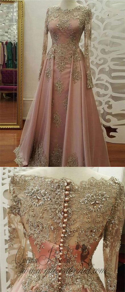 Long Sleeves Gold Lace Beaded Pink Skirt Long Evening Prom Dresses, QB0376