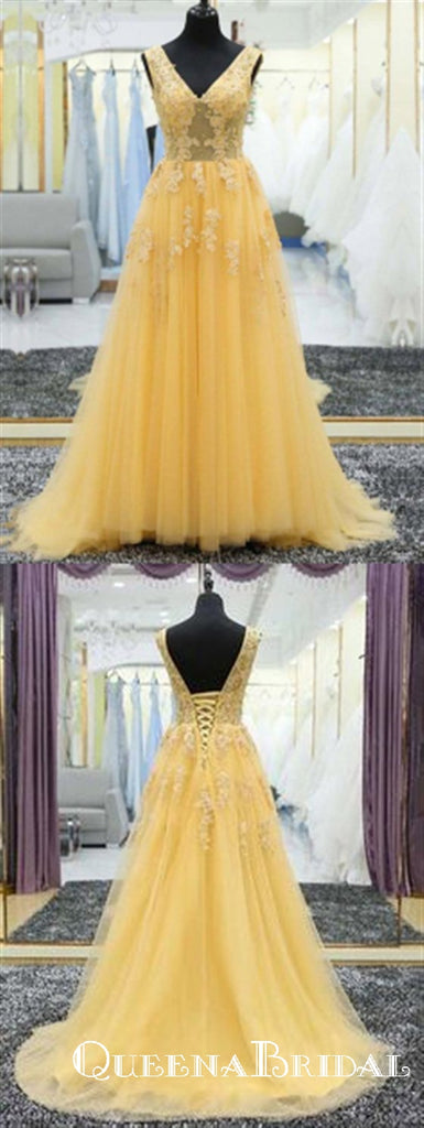 A Line V Neck Modest Cheap Long Yellow Prom Dresses With Applique, QB0691