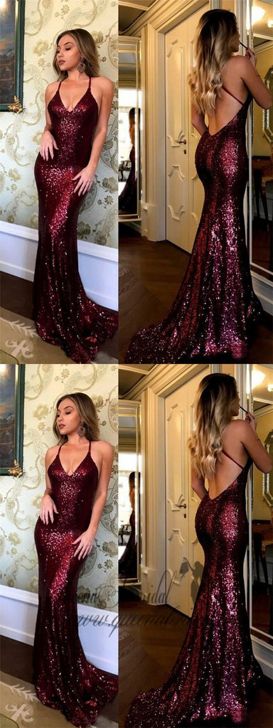 Spaghetti Strap V-neck Burgundy Sequins Sexy Mermaid Prom Dresses, QB0271