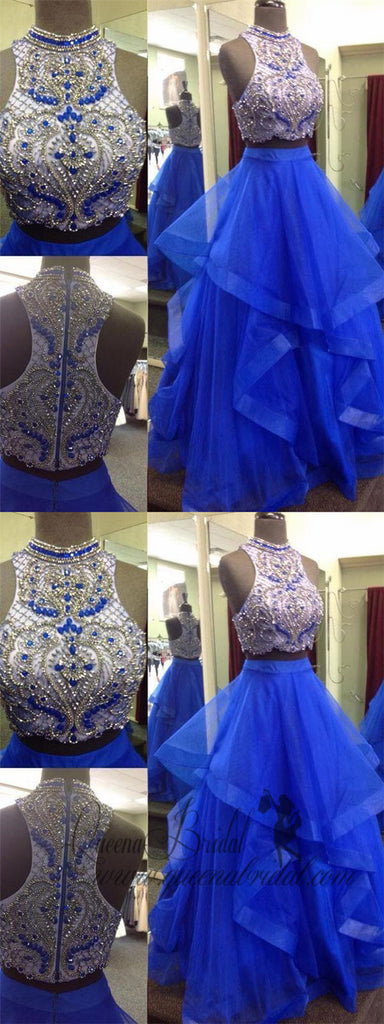 A-line/Princess Halter  Ball Gown Royal Blue Beaded Top Two Piece Prom Dresses, QB0276