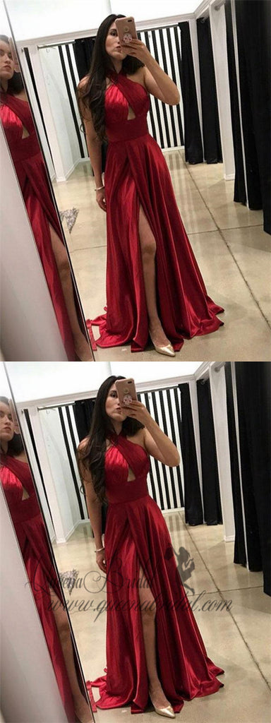 Simple Burgundy Halter Side Slit Long Cheap Evening Prom Dresses, QB0393