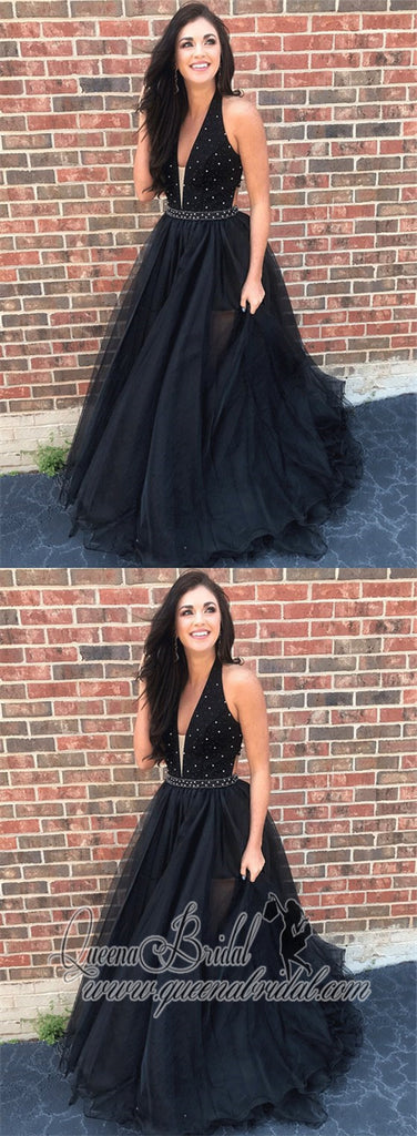 V Neck A line Black Rhinestone Tulle Cheap Evening Prom Dresses, QB0447